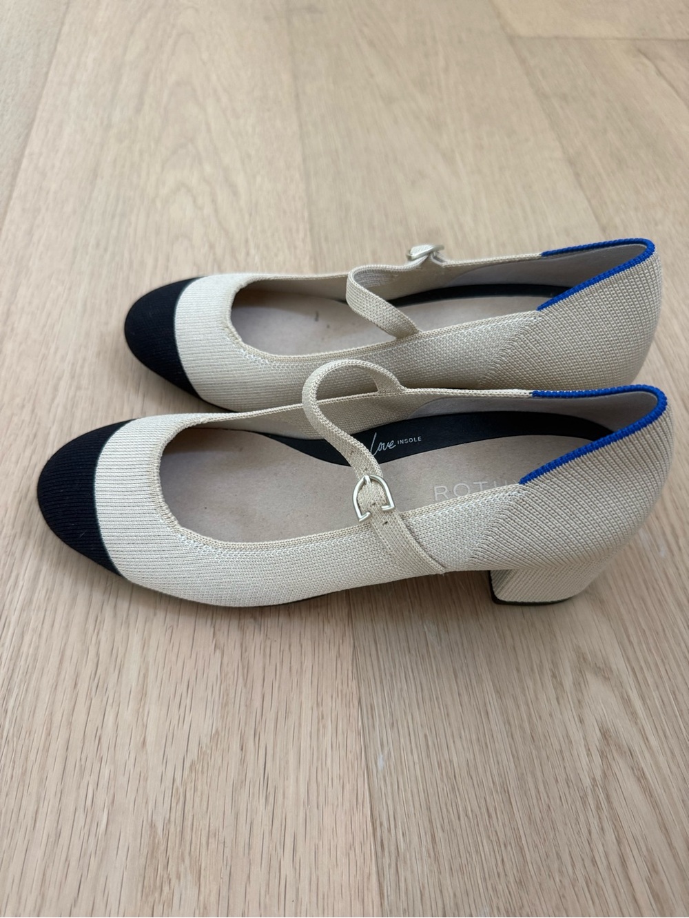 Rothy's Two-Tone Mary Jane Flat in Cream and Black with Blue Trim - Picture 2 of 4